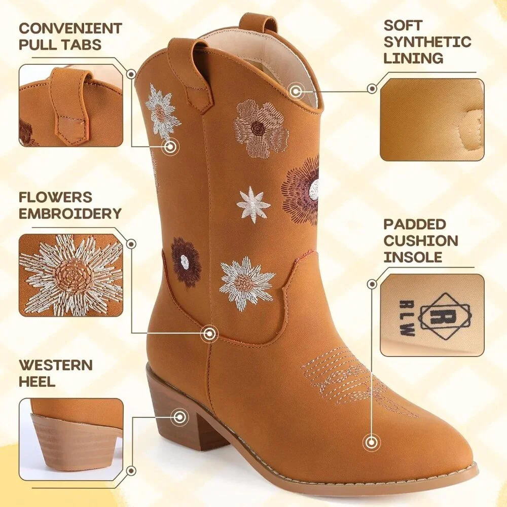 🆕Girls White Polyurethane Cowboy Floral Embroidered Western Cowgirl Boots